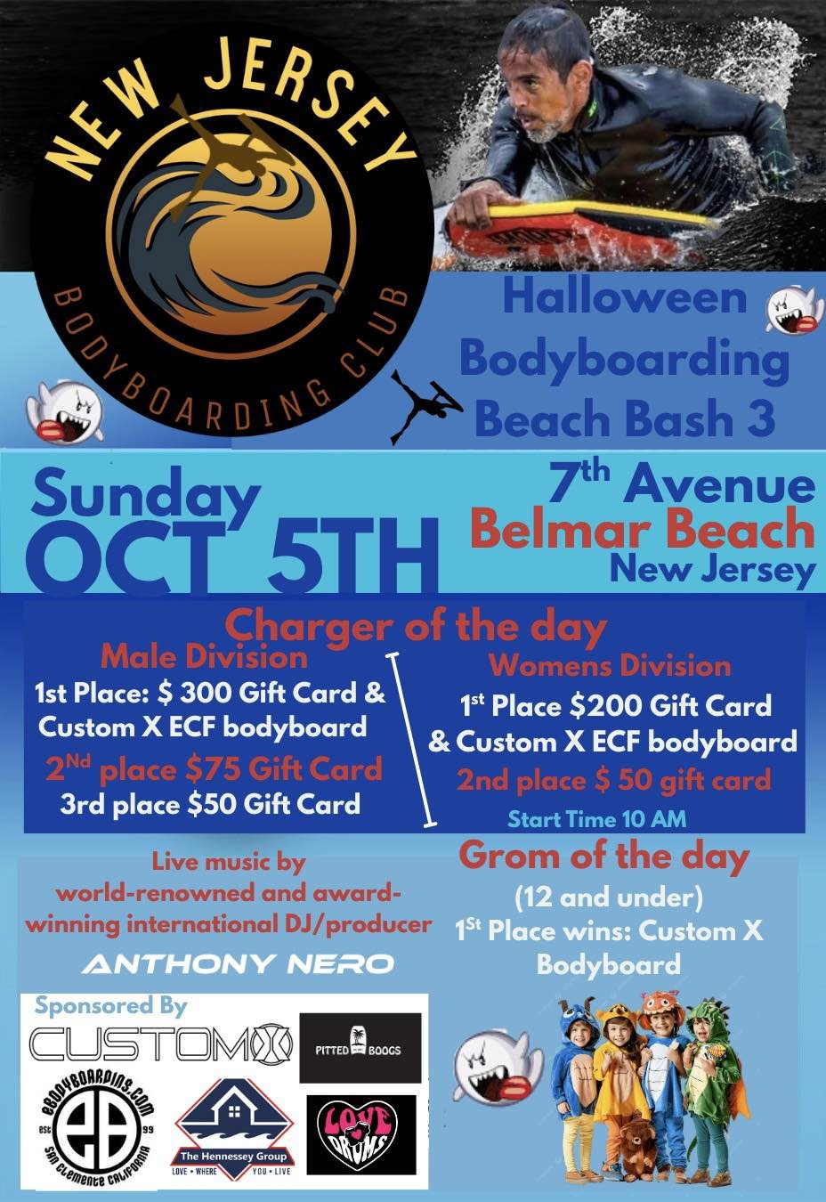 Halloween Bodyboarding Beach Bash 3 poster — Sunday October 5th, 7th Avenue Belmar Beach, Charger of the Day prize breakdown
